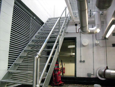A view of the galvanised Access Stairs and Balustrade to access the Plant Room deck