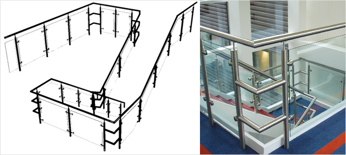 An example of a 3D concept drawing provided to a client and the finished installed stainless steel and glass balustrade at the Steria building in Hertfordshire